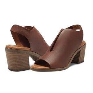 Lucky Brand Boho Leather Sz 8.5 Rhazy Sling Back Peep Toe Stacked Heel Sandals